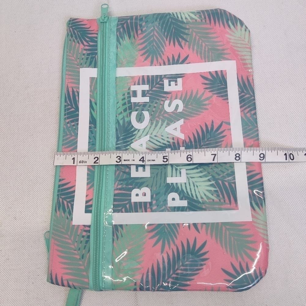 "Beach Please" Makeup Bag Palm Tree Leaf Pink Canvas Zipper Top & Clear Pocket - Picture 9 of 12